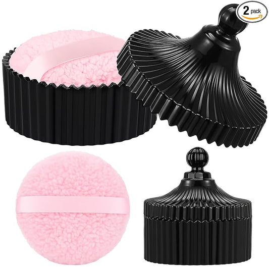 Extra Large Body Powder Puff and Container, 5.5'' Crystal Container with 5.3'' Oversize Dust Powder Puff Washable Reusable Face Body Glitter Wet Dry Makeup Gift(Black)