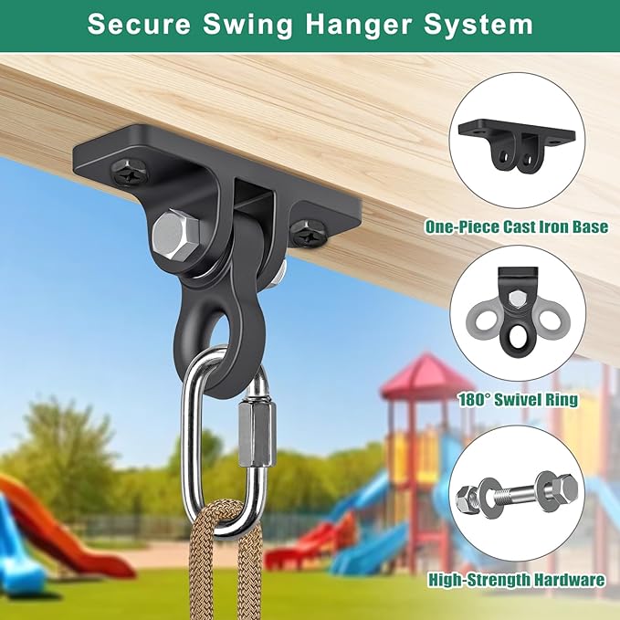 SELEWARE Heavy Duty Swing Set Brackets Kit with 2 Green A-Frame Swing Brackets, 4 Black Swing Hangers & 2 Black Swing Seats, Complete DIY Outdoor Playground Hardware for Backyard, Kids & Toddlers