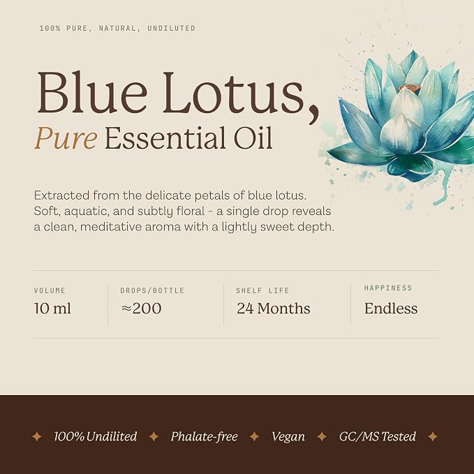 Avivni Blue Lotus Essential Oil - 100% Pure & Organic, Undiluted for Aromatherapy, Hair, Skin, Diffuser, Nymphaea caerulea (0.33oz - 10ml)