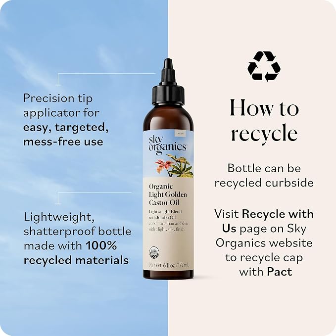 Sky Organics - Organic Light Golden Castor Oil (6 fl oz/177 mL) Conditions Hair, Skin, Brows, Scalp - Castor Oil Organic - Jojoba, Safflower Seed, Sweet Almond - Vegan, Cruelty Free, Beauty, Hair Care