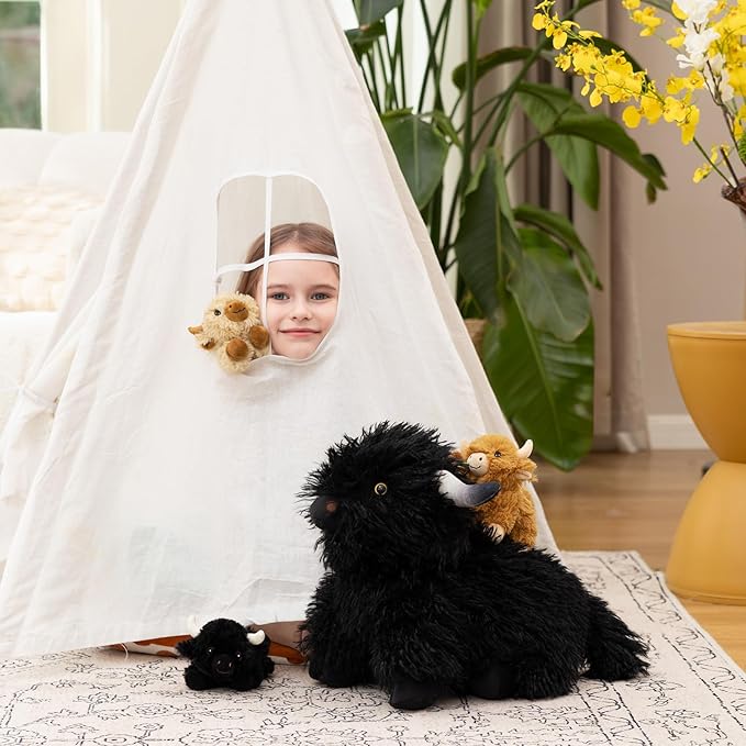 Muiteiur 21.6 Inch Highland Cow Stuffed Animal with 3 Baby Cows, Plush Highland Cattle Mother with Cute Messy Plush, Soft Black Cattle Toy Set for Kids Girls Boys