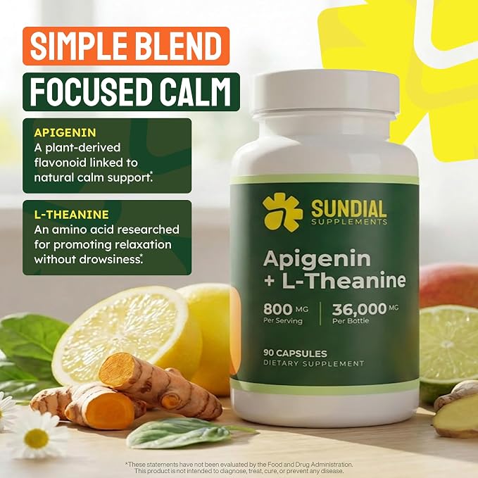 Apigenin 200 mg + L-Theanine 600 mg - Adult Daily Supplement (90 Capsules, 45 Servings)
