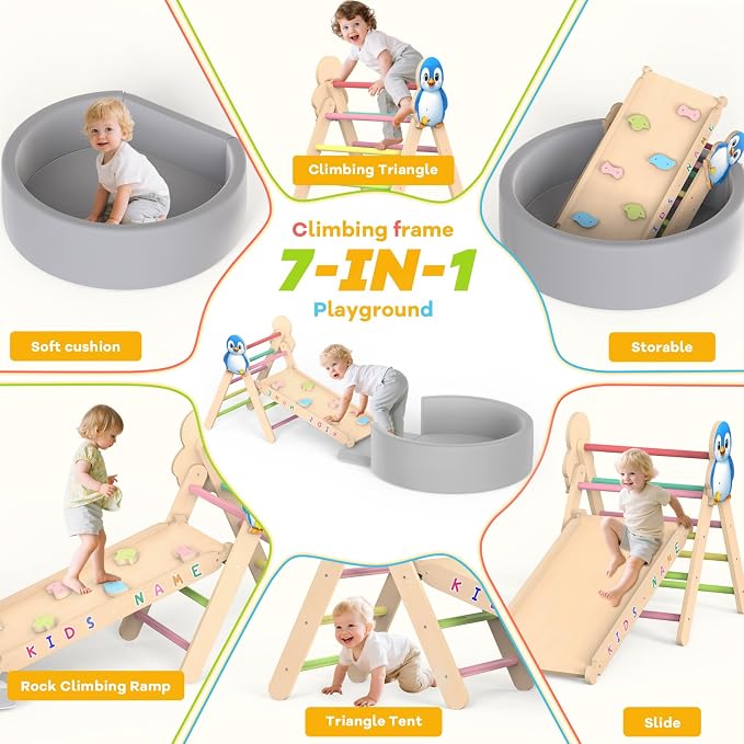 Acenova Pikler Triangle Climbing Set with Cushion and DIY Name Stickers, Montessori Wooden Climbing Gym for Toddlers, Indoor Jungle Gym, Dinosaur Pikler Triangle Arch Ramp Climber Toy