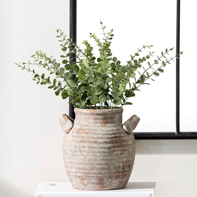 Vanselia Ceramic Flower Vase Home Decor - Farmhouse Table Vases with Handle Living Room Decoration Vintage Decorative Aesthetic for Shelf Coffee Dining Desk House Bookshelf Fireplace (7.1" Retro)