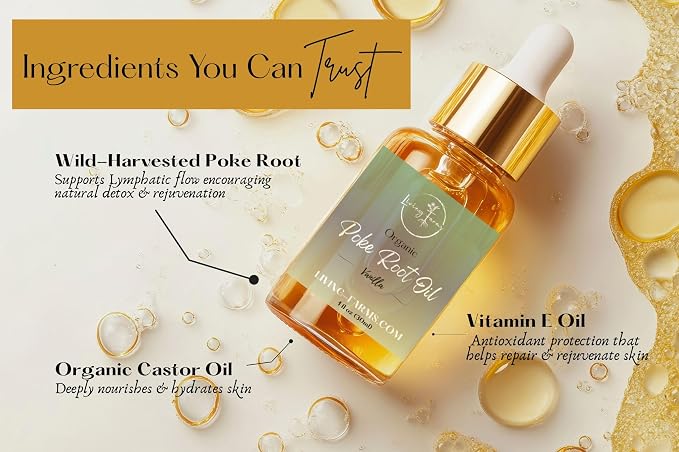 Organic Poke Root Castor Oil | Vegan Lymphatic Support | Cysts, Boils, Fibroids, Swollen Lymph Nodes, Breast & Joint | Natural Deep Tissue Massage | Made in The USA (1oz, Vanilla)