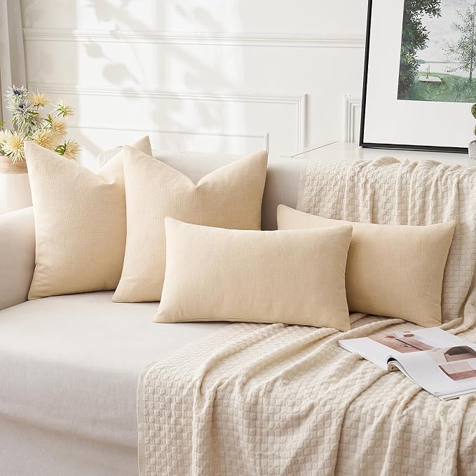 MIULEE Beige Chenille Couch Throw Pillow Covers, 18x18 | Set of 2, Soft Neutral Modern Farmhouse Home Decor, Decorative Pillowcases for Sofa Living Room Bed