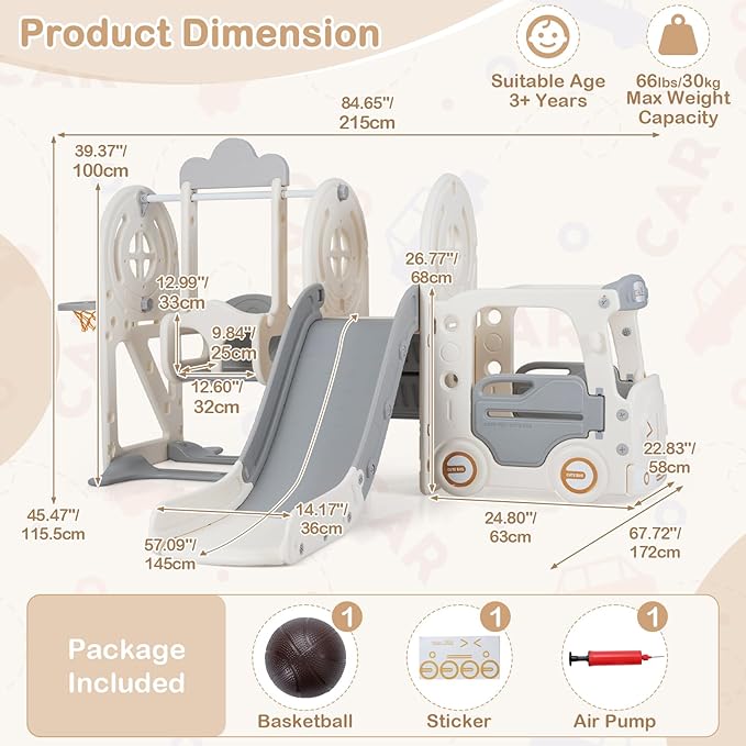 OLAKIDS Toddler Slide and Swing Set, 5 in 1 Bus Themed Baby Slide with Climber Basketball Hoop Car Playhouse for Indoor Outdoor Boys Girls Aged 3+ (Grey)