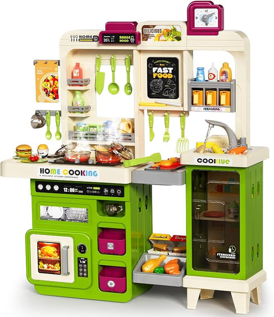 Kids Kitchen Playset, Play Kitchen with Electric Stove, Grill, Sink, Play Food, ToyKitchen Accessories, Kitchen Interactive Play with Lights Sound Steam, Cooking Toys for Toddler Kid Gifts