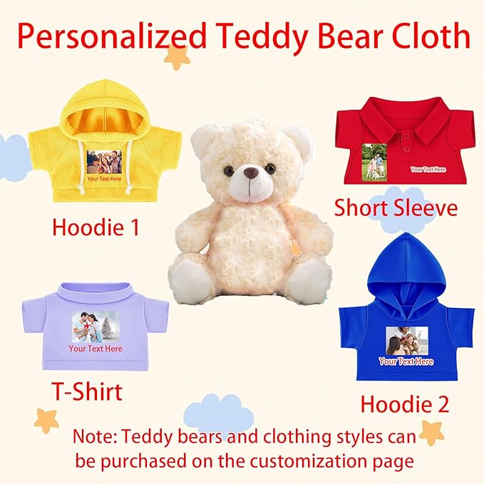Personalized Teddy Bear Clothes with Name Photo, Custom Stuffed Animal Clothing Fit 8-16inch Stuffed Bear Clothes, Personalized Doll Clothing Make Your Own Plush Doll Shirt