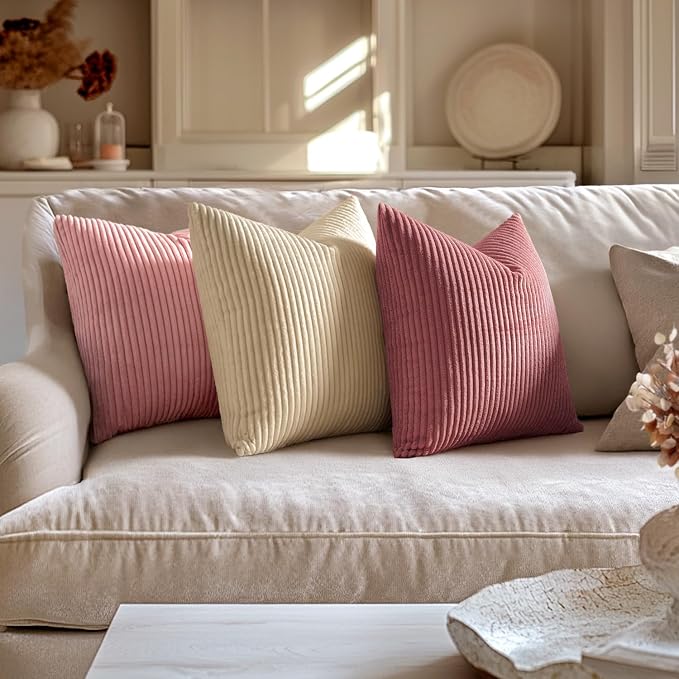 MIULEE Decorative Corduroy Throw Pillow Covers Set of 2 20x20 Beige | Soft Striped Textured Cushion Cases, Boho Square Pillowcases Neutral Home Decor, for Couch Chair Sofa Bed Living Room