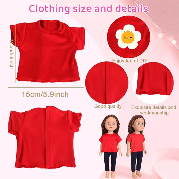 5-Piece Red T-Shirts for 17-18 Inch Bear Clthes Plain Short Sleeve Tees for DIY Customization