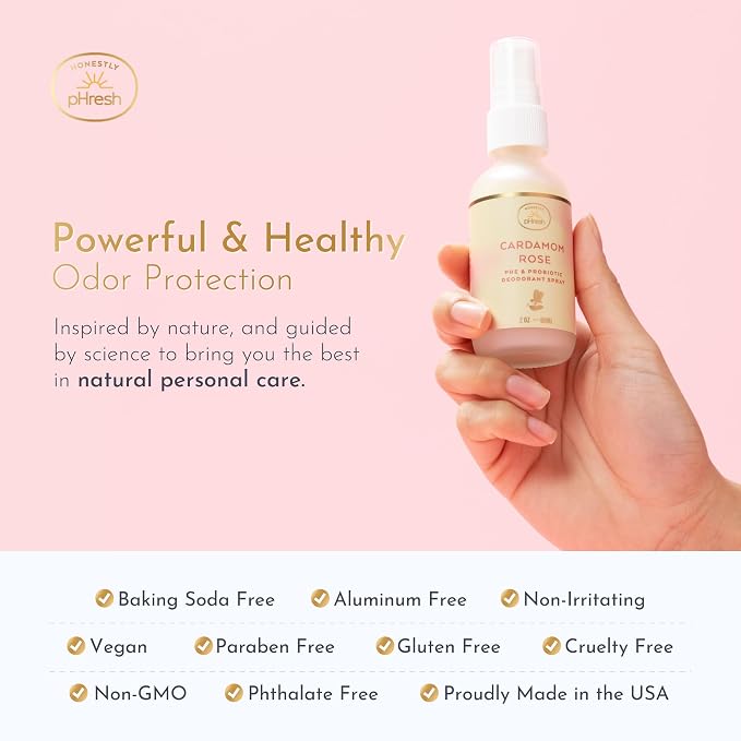 Honestly pHresh Pre & Probiotic Deodorant Spray for Women – Aluminum & Baking Soda Free Natural Deodorant Mist with 24-hour Odor Protection – Vegan, Made in USA - Cardamom Rose Scent, 2floz