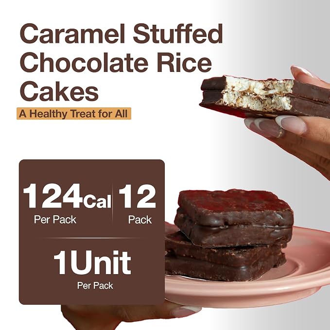 Deluxe & Bla Bla Stuffed Rice Cakes - Whole Grain Chocolate Rice Cake,Gluten Free,Low Calorie,(Alfajor) Kosher Certified - Caramel Filled Rice Cakes coated with Dark Chocolate, 28g Each (12 Pack)