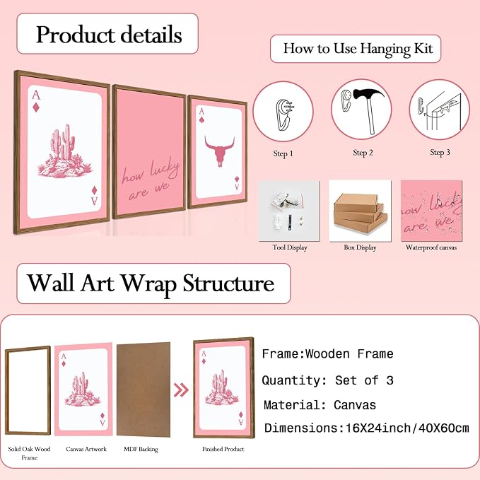 Pink Western Wall Art, How Lucky are We Wall Decor Picture Southwestern Cowgirl Playing Card Poster Canvas Print Bull Skull Painting Artwork for Bedroom Living Room 16x24 inch Wood Framed