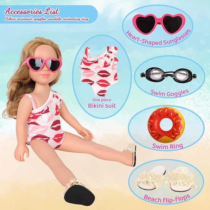 18 Inch Doll Clothes & Accessories Bundle-5 Pcs Summer Beach Playset with Swimsuit,Sandals,Goggles,Sunglasses & Swimming Ring for 18 Dolls