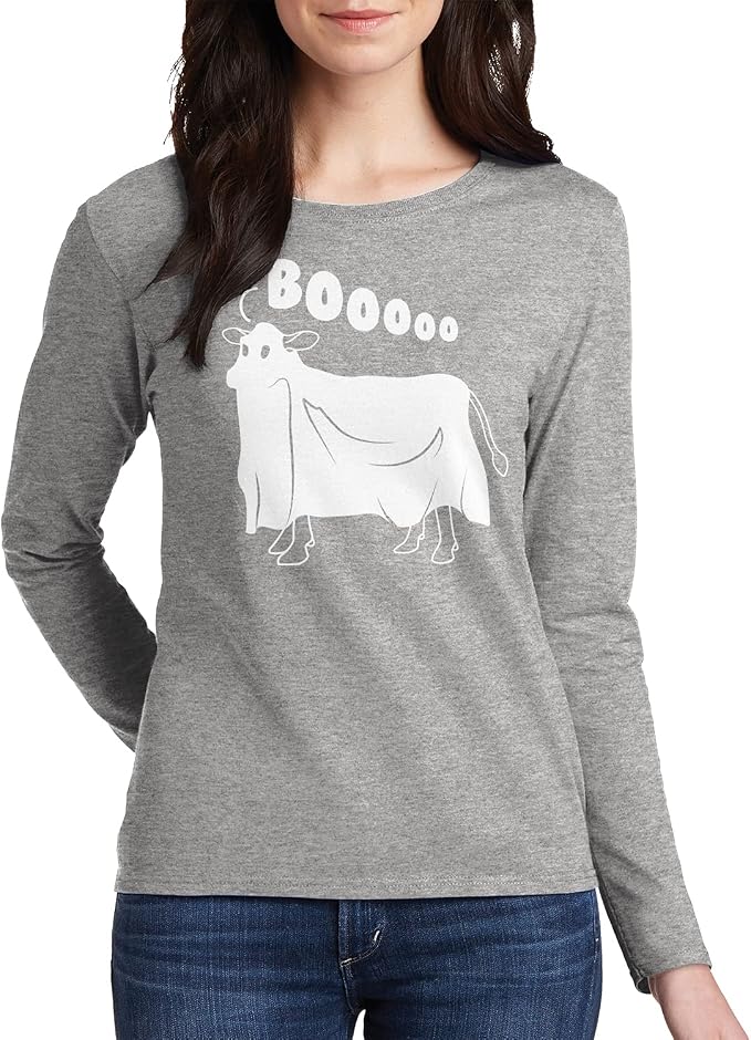 Threadrock Women's Cow Ghost Saying Moo Long Sleeve T-Shirt