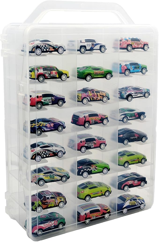 Adevar Double Sided 1/64 Scale Toy Car Storage Case Compatible with Matchbox Car Hot Wheels Storage Case,46 Slot Transparent Organizer for 48 Toy Cars,Case Only