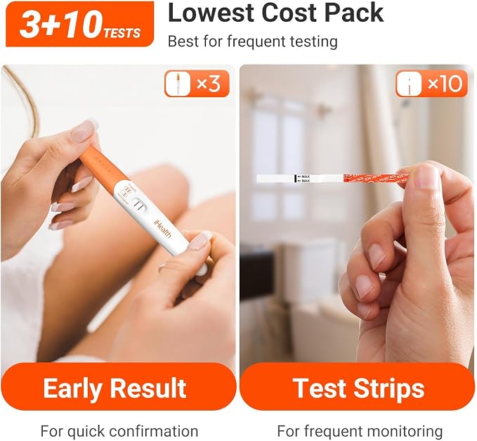 iHealth Pregnancy Test Kit 13 Count, 3 Test Sticks + 10 Pregnancy Test Strips, Early Detection hCG Tests, 10 MIU/mL Sensitivity, Bulk Home Pregnancy Tests, Pruebas de Embarazo