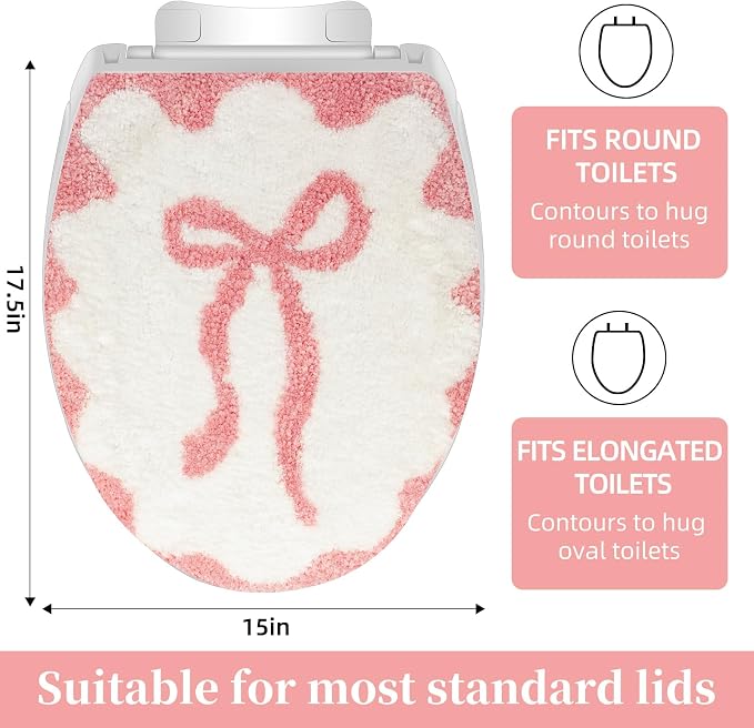 Pink Bow Bathroom Toilet Seat Cover Delicate Wavy Edge Cute Bow Toilet Seat Cover 17.5“ x 15” Machine Washable Stylish and Soft Bathroom Decor Fits Most Round, Oval, and Rectangular Toilet Seats