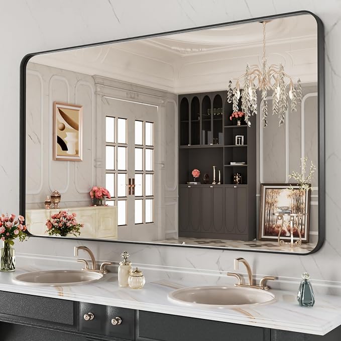 LOAAO 48X28 Inch Black Metal Framed Bathroom Mirror for Wall | Matte Black Bathroom Vanity Mirror, Anti-Rust, Tempered Glass, Hangs Horizontally or Vertically