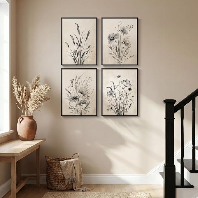 Framed Vintage Floral Botanical Wall Art for Living Room, 4 Piece 12x16 In | Neutral rustic artwork, Modern farmhouse wall decor, Canvas prints, Flower pictures, Kitchen bedroom hallway home decor