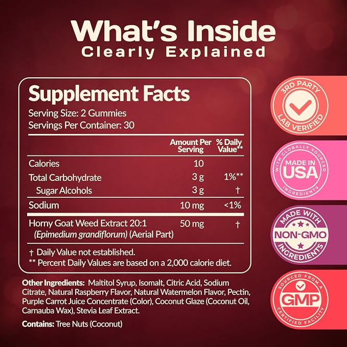 Libido Support for Women Intimacy Gummies - Fast Acting HornyGoatWeed for Women Extract - Gluten Free, Vegan & Non-GMO - Raspberry Watermelon Flavor - Spicy Gummies for Couples - 60 Gummies