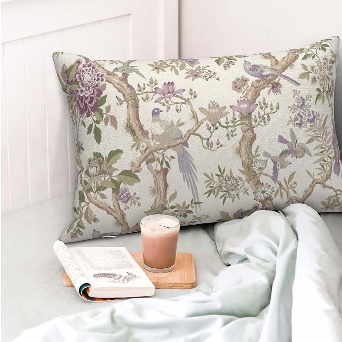 Chinoiserie Pillow Covers 12x20 Inch Set of 2 Purple Green Floral Bird Throw Pillows Vintage Flowers Bird Decorative Pillow Cases Outdoor Lumbar Decor Farmhouse Cushion Cases for Couch Sofa