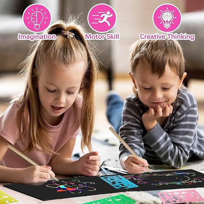 Smasiagon Scratch Paper Art Set for Kids: 60 Pcs Magic Black Scratch Off Art Crafts Kits Colorful Drawing Toys for 3-12 Year Old Girls Boys Halloween Party Favor Game DIY Birthday Christmas Gift