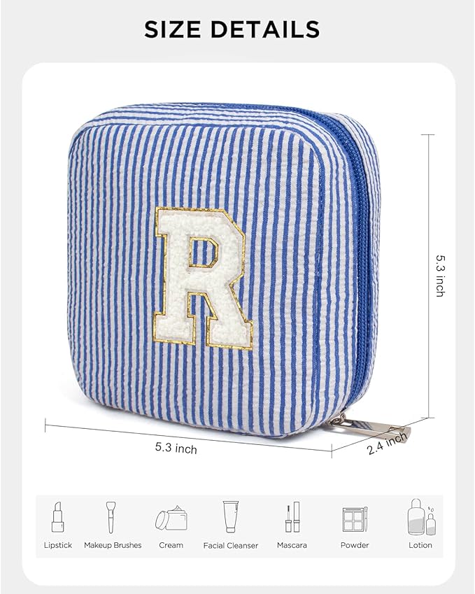KOTORA Monogram Makeup Bag for Women | Initial Makeup Bags Cosmetic Toiletry Pouch Make Up Case Best Friend Friendship | Stocking Stuffers for Teen Daughter Teacher(Blue, R)