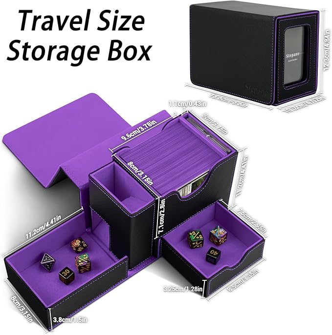 MTG Deck Box for Commander Display with Dice Tower, Fits 100 Double Sleeved Cards for TCG/PTCG, Cards Storage Case with Dice Tray and 35PT Magnetic Card Holder (Black/Violet)