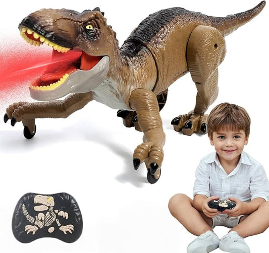 Sunrad Remote Control Dinosaur Toys for Kids 3-5 4-7 8-12 Year Old, Electronic RC Robot Dinosaur with Spray & Light & Roar, Realistic Walking T-Rex Toys Birthday Gifts for Boys Girls (Brown)