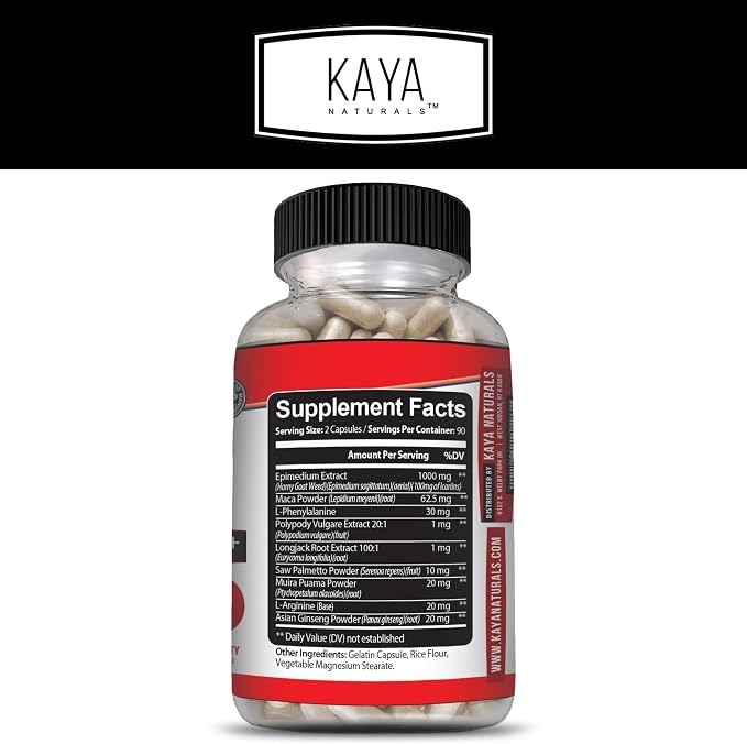 Kaya Naturals Horny Goat Weed Extract - Maca - Extra Strength Complex with Saw Palmetto Ginseng, Arginine Vitamin Supplement - Horny Goat Weed - 180 Count (Pack of 2)