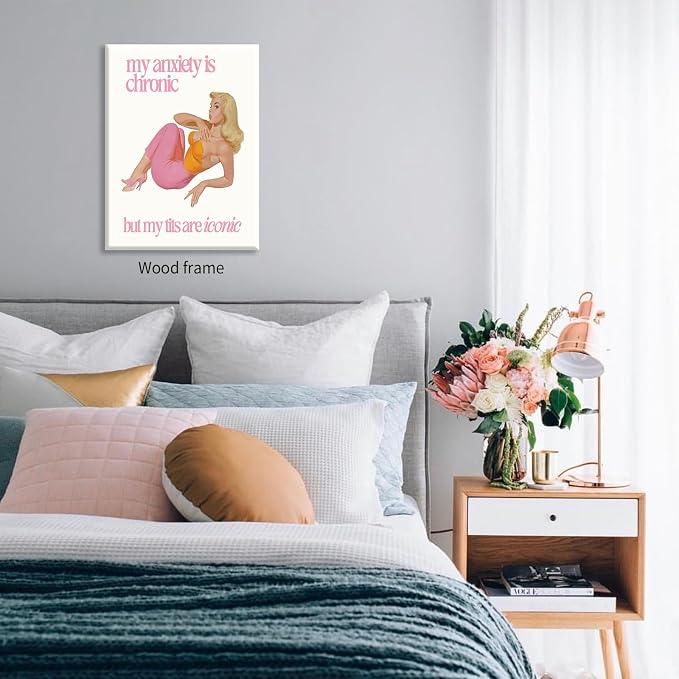 Funky Sexy Women Wall Art Funny Quote Social Anxiety Poster 60s 70s Vintage Housewife Canvas Prints 24X36 inch Framed for Apartment Wall Decor
