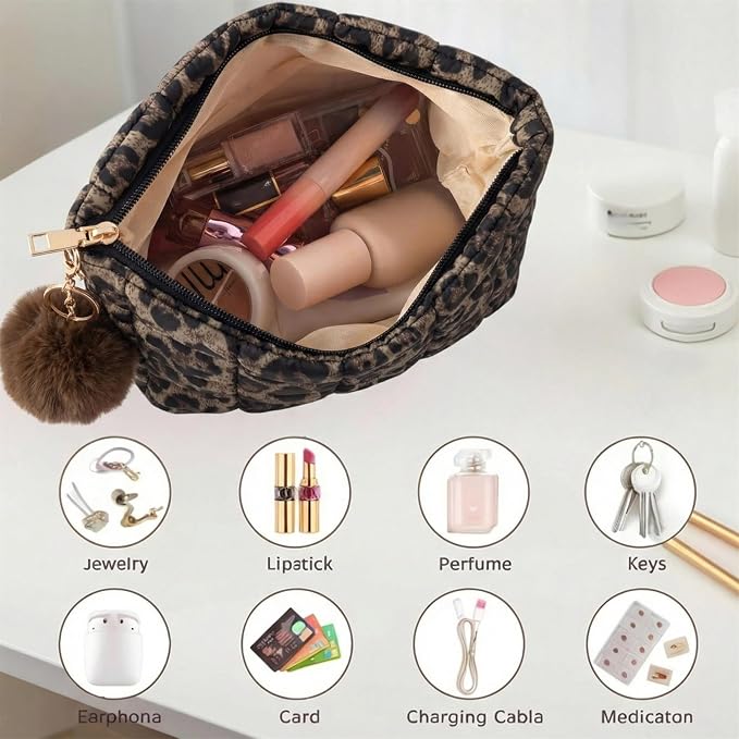 Leopard Puffer Quilted Makeup Bag for Women with Furry Keychains - 10" Roomy Puffy Cosmetic Pouch, Travel Toiletry Organizer Bag (LP-Fu-BW)
