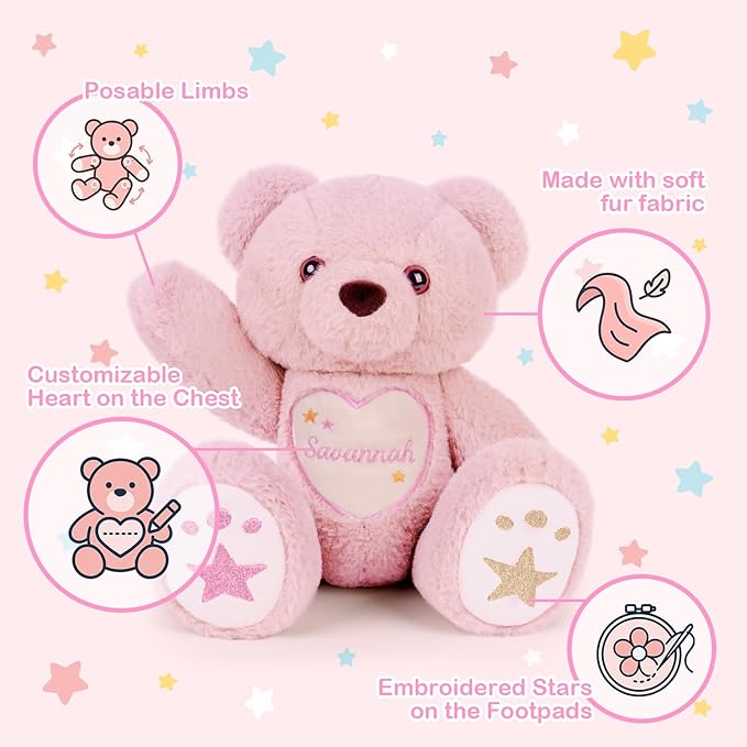 Custom Teddy Bear with Name Embroidery – 360° Rotating Plush Bear Stuffed Animals for Kids Toddler, Personalized Birthday Gifts for Girls Boys (Pink)