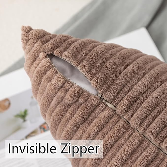 UGASA Soft Velvet Stripe Decorative Lumbar Pillow Cover 1 Pack Solid Corduroy Textured Euro Oblong Cushion Case for Couch Bedroom Sofa Farmhouse, 12x20 Inch, Light Brown