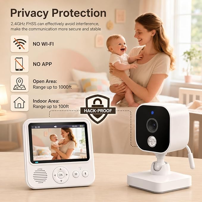 Baby Monitor with Camera and Audio, No WiFi Baby Monitor with 2.8" IPS Screen, 120-Hour Battery, 1000ft Long Range, 2-Way Talk, Cry and Feeding Reminder, Night Vision