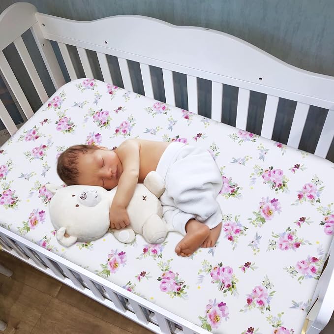 Moonsea Crib Sheets for Girls 4 Pack, Fitted Crib Sheets for Standard Size Crib and Toddler Mattresses, Soft and Breathable Baby Gift Girl Set, Floral, 52"X28"