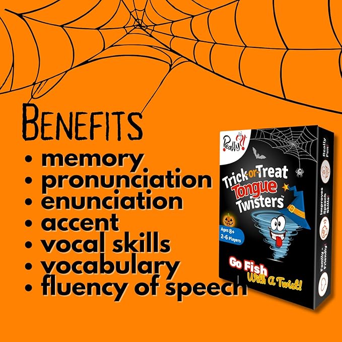 Halloween Games for Kids and Adults, Trick or Treat Tongue Twisters Card Game, Party Games, Fun Travel Size, Educational Family Games, Speech Language, Unique Gifts