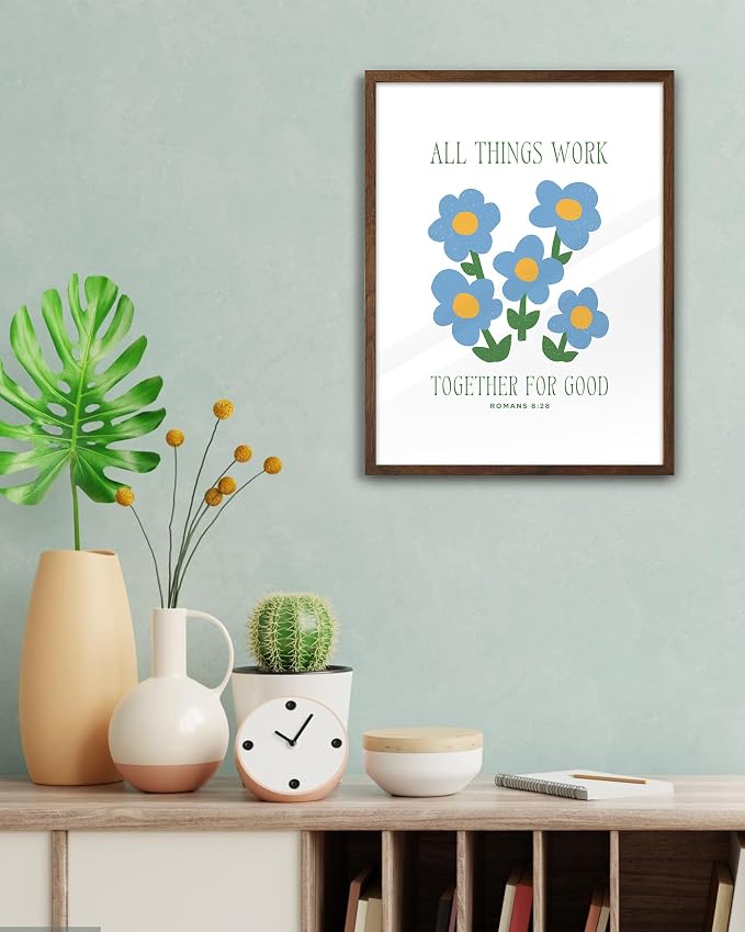 EcoHest 12x16 in Romans 8:28 All Things Work Blue Floral Christian Wall Art | Walnut Color Solid Oak Frame with Canvas Wall Art, Scripture Bible Verse Decor for Bedroom, Living Room, Office, Church,1Pack