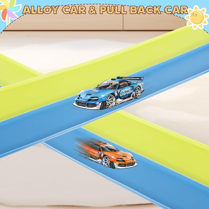 Flex Tracks 15 Ft for Kids Starter Set, Flexible Race Car Ramp Track with Suction Cups Compatible with Hot Wheels and Diecast 1/64th Cars for Ages 3 & Up (Green & Blue)