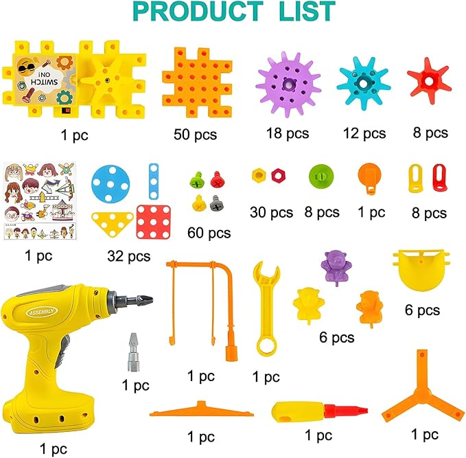 STEM Education Building Toys, 248 PCS Electric Gear Building Blocks Toys Set with Drill, Toddler Screw Toy, Kids Tool Set Construction Toy for Boys Girls Gifts Age 3+