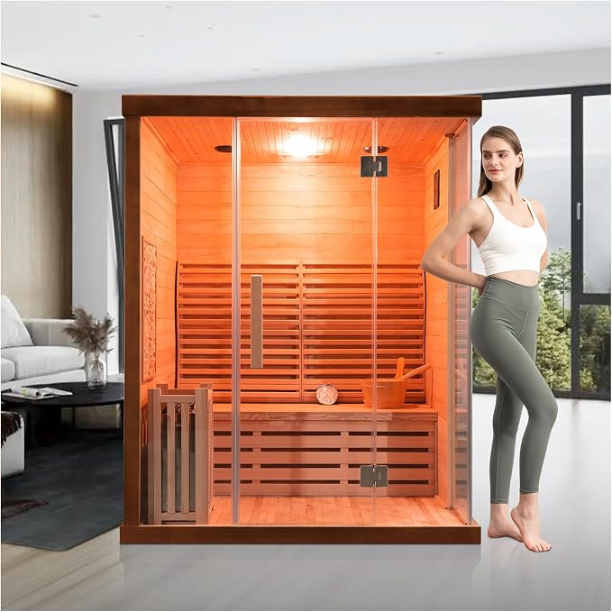 ZONEMEL 3 Person Wooden Steam Sauna Room, Canadian Red Cedar Luxurious Indoor Sona House with 6 KW Heater, WiFi Controller, Bluetooth Speaker, Wooden Bucket, Scoop, Reading Light, 220V, 195℉