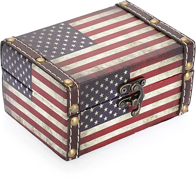Hipiwe American Flag Treasure Chest Box Wooden + PU Leather Jewelry Boxes | Vintage Decorative Jewelry Trinket Box Memento Box Small Keepsake Boxes Gifts