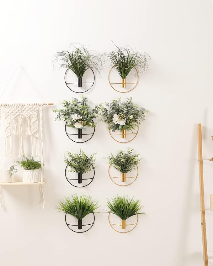 Pretty Jolly Boho Pampas Wall Decor Black Metal Wall-Mounted Art | Morden Artificial Greenery Display，2 Pack Eucalyptus Hanging Planter For Living Room, Bedroom, Bathroom, Dining room