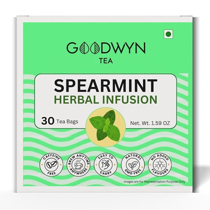 Goodwyn Spearmint Infusion Herbal Tea (30 Tea Bags) | 100% Pure Spearmint Leaves | Naturally Caffeine Free | Plastic Free Tea Bags | No Added Flavors | Refreshing & Aromatic | Perfect Hot or Iced | Premium Herbal Tisane for Daily Enjoyment