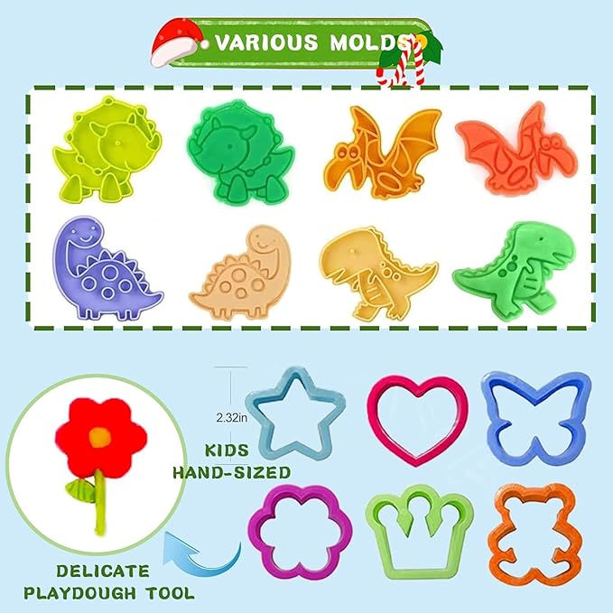 Dough Tools Play for Kids-Dough Accessories Molds Dinosaur Fruit Roller Cutter Scissor and Storage Box, Party Favors Set for Age 3+