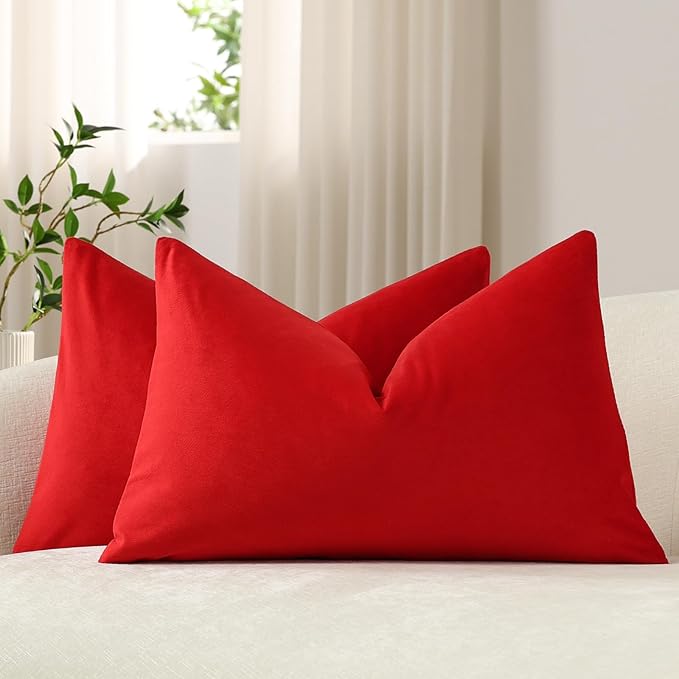 Lumbar Pillow Covers 12x20 Christmas Red: Pack of 2 Cozy Soft Velvet Rectangular Modern Luxury Decorative Throw Pillow Cases for Sofa Couch Living Room Bed Home Decor