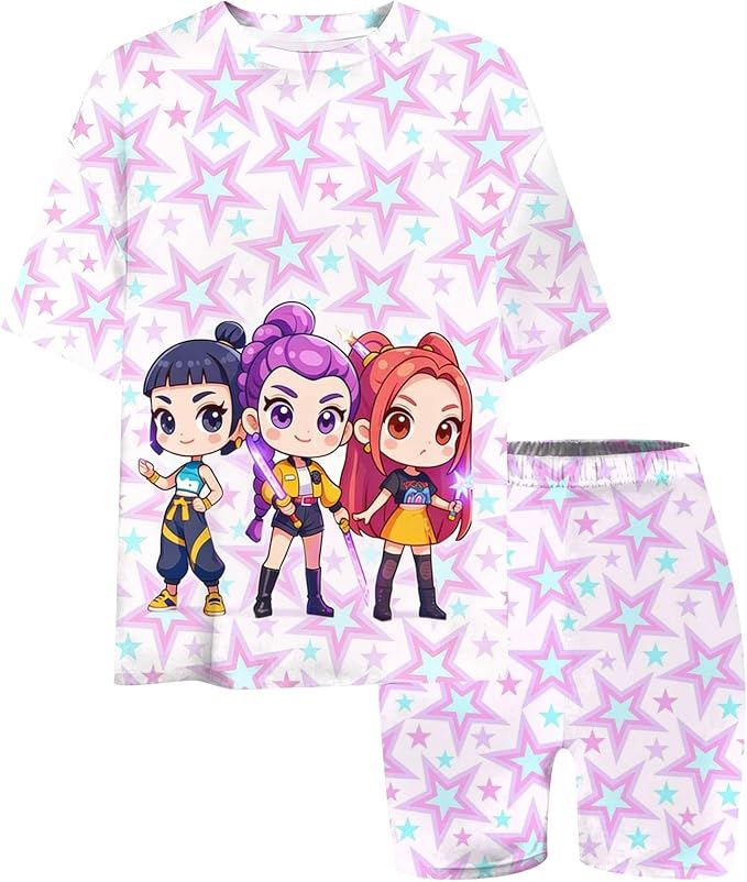 K-POP DEM0N Hunters Outfits for Girls, 2 Piece T-Shirts and Apparel Sets Birthday Gift