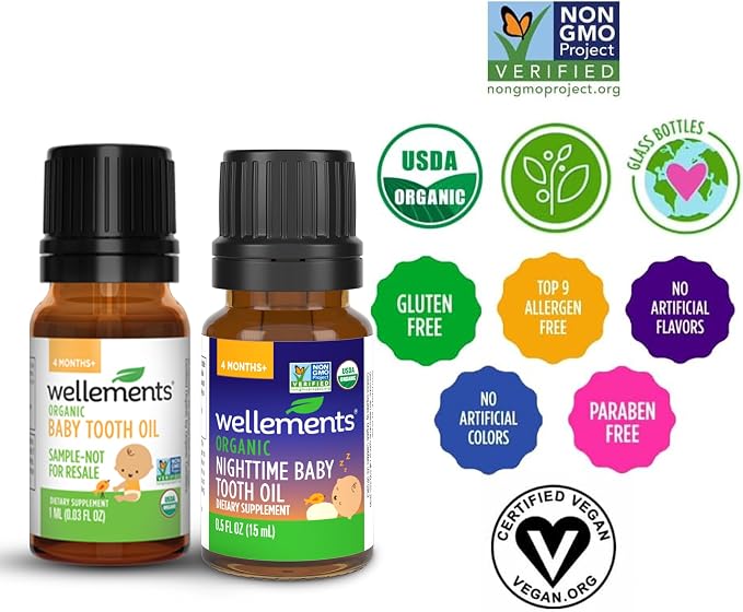 Wellements Organic Baby Tooth Oil for 4 Months+(0.5 Fl Oz) -Day & Night Soothing Teething Relief Oil* for Babies - Gently Helps Soothe Tiny Gums*, Calms Teething Discomfort & Supports Bedtime Comfort